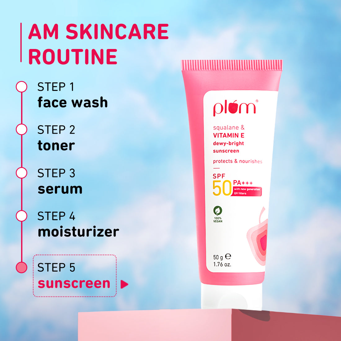 PLUM SQUALANE & VITAMIN E DEWY BRIGHT SUNSCREEN PROTECTS & NOURISHES SPF 50 PA+++ 50G