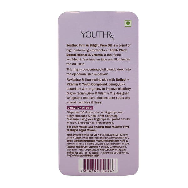 LOTUS HERBALS YOUTHRX RETINOL+VITSMIN C WITH NATURAL BAKUCHIOL FIRM & BRIGHT FACE OIL 15ML