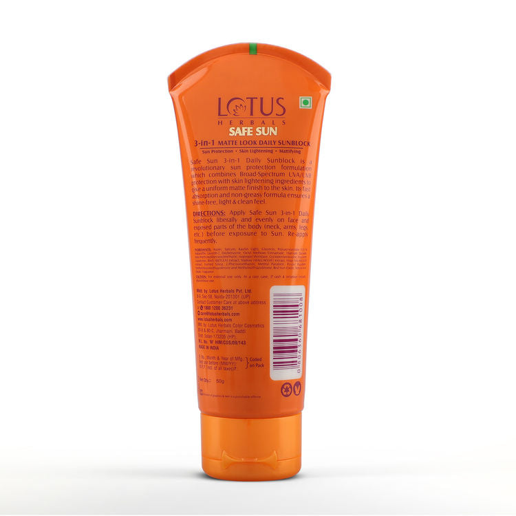 LOTUS HERBALS SAFE SUN 3-IN-1 MATTE LOOK DAILY SUNSCREEN SPF 40 UVB PA+++ UVA 50G