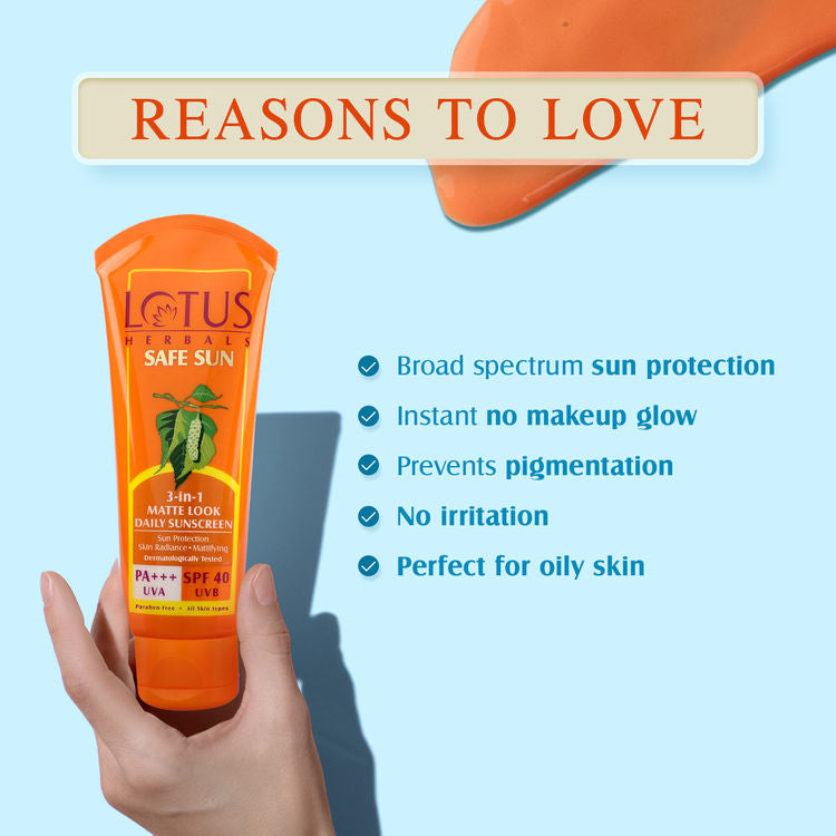 LOTUS HERBALS SAFE SUN 3-IN-1 MATTE LOOK DAILY SUNSCREEN SPF 40 UVB PA+++ UVA 50G