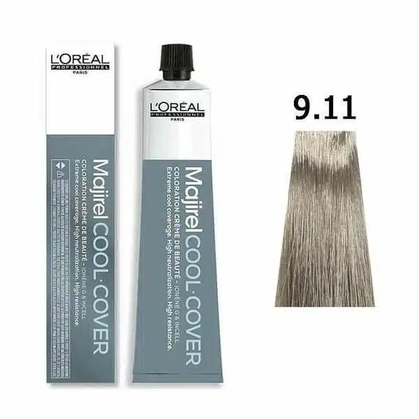 L'Oreal Majirel Cool Cover hair color tube with packaging and sample hair on a white background