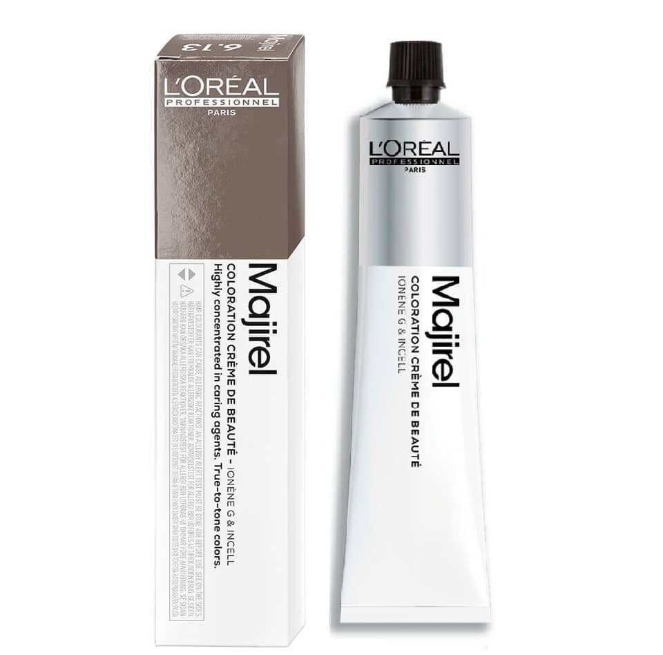 L'Oreal Majirel hair color tube and packaging on a white background