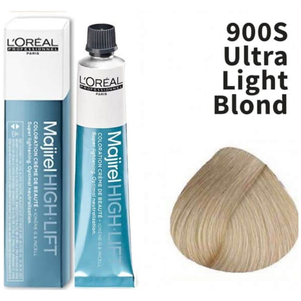 L'Oreal Majirel High Lift hair color tube with packaging and a sample of Ultra Light Blond on a white background.