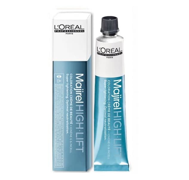 L'Oreal Majirel High-Lift hair color tube and packaging on a white background