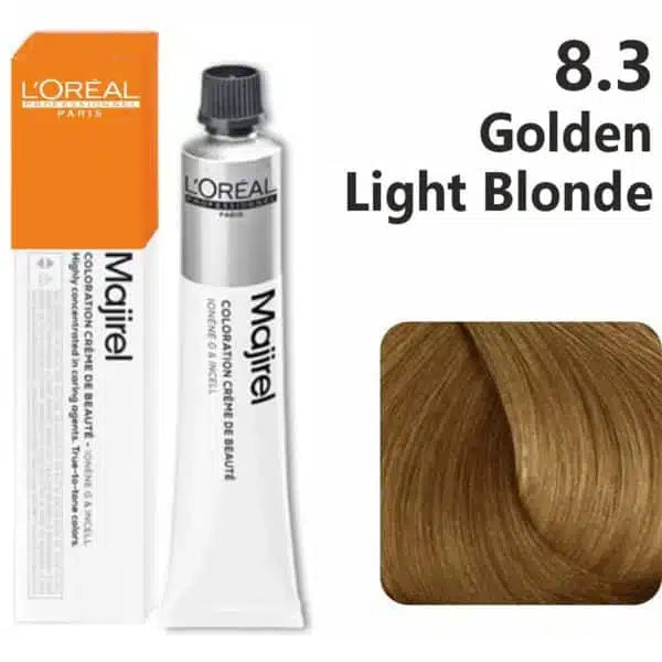 L'Oreal Majirel hair color tube with packaging and a sample of golden light blonde hair color.