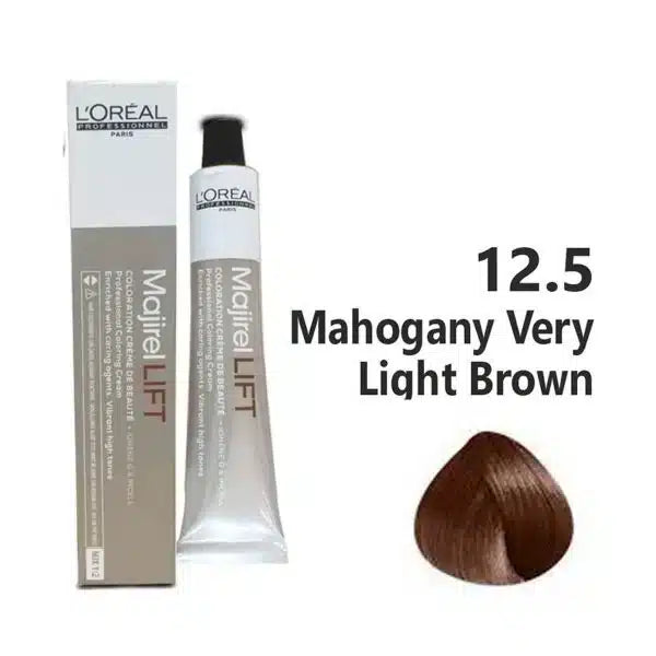 L'Oreal Majirel Lift hair color tube and packaging with color swatch on a white background