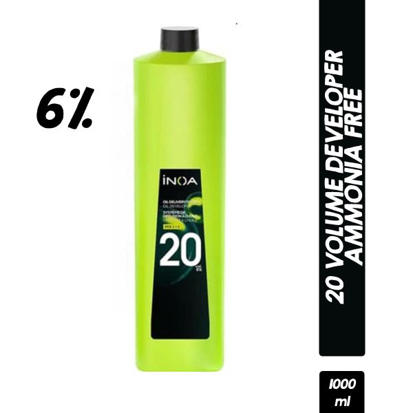 A bottle of LOREAL PROFESSIONAL INOA Developer Oxydant 20 Vol, in a bright green container, labeled 6%, 1000 ml.