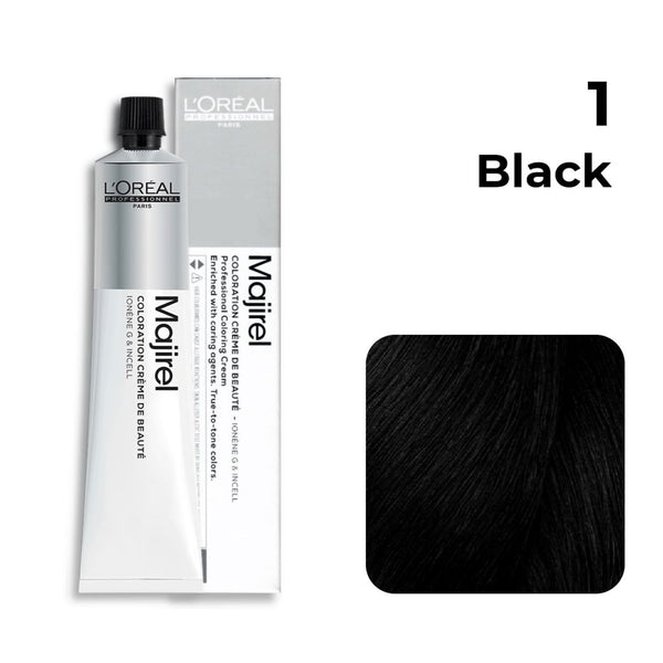 L'Oreal Majirel hair color tube with black swatch on a white background