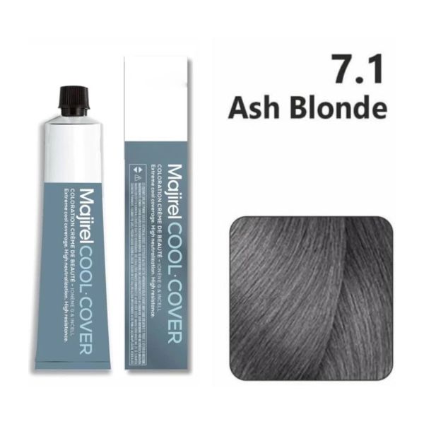 Majirel hair color product with packaging and color swatch for Ash Blonde 7.1 on a white background.