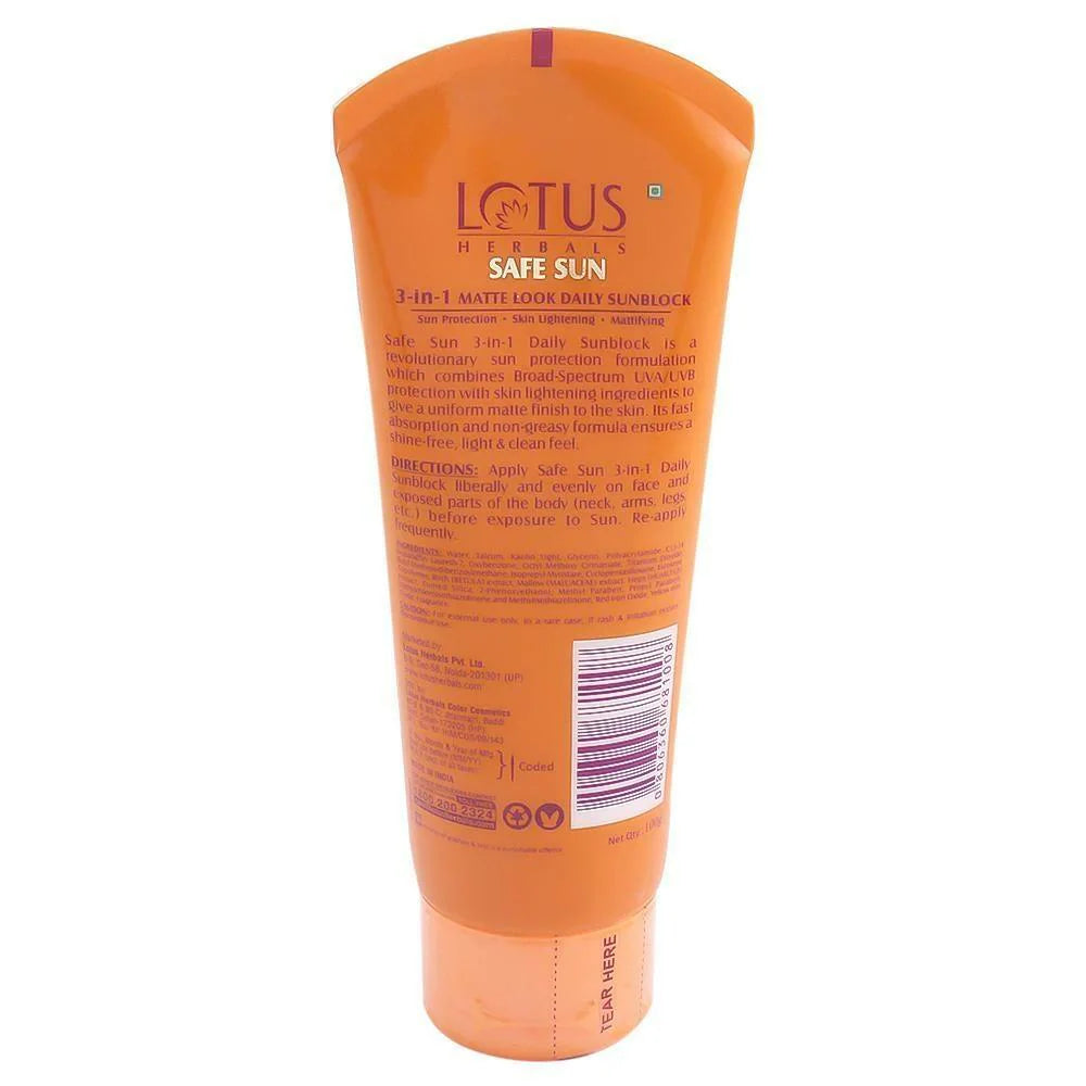 LOTUS HERBALS SAFE SUN 3-IN-1 MATTE LOOK DALLY SUNSCREEN SPF 40 UVB PA+++ UVA 100G