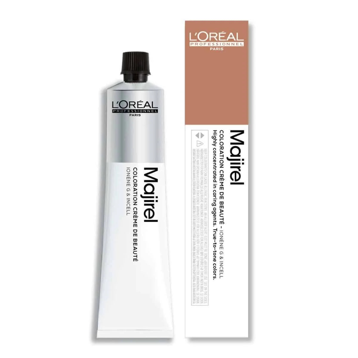 L'Oreal Majirel hair color tube and packaging on a white background