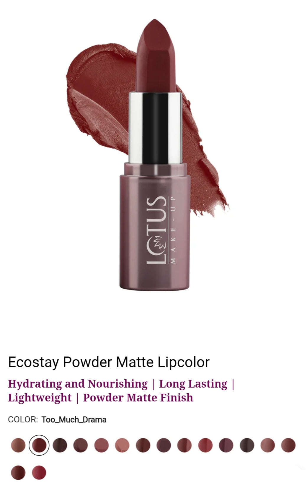 LOTUS MAKEUP ECOSTAY POWDER MATTE LIP COLOR PM02 TOO MUCH DRAMA