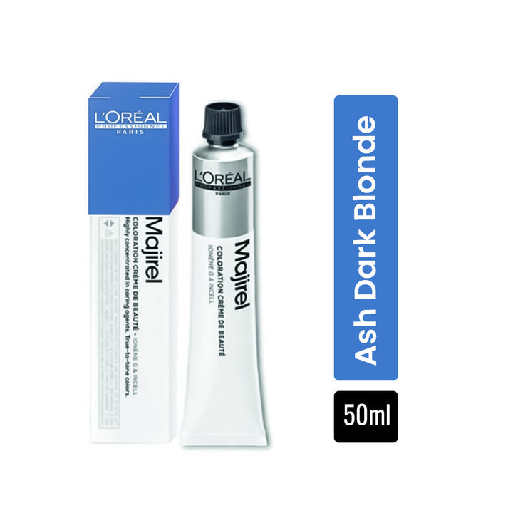 L'Oreal Majirel hair color tube with packaging on a white background