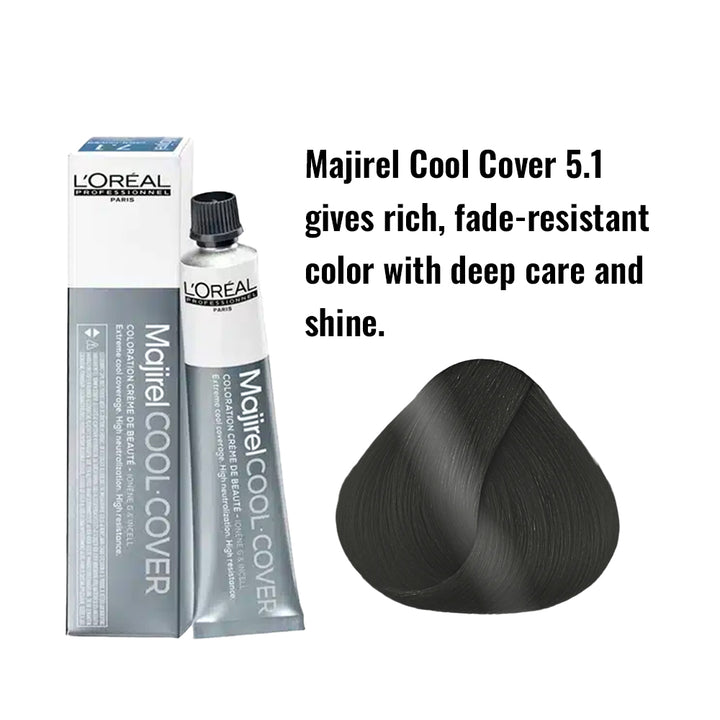 L'Oreal Majirel Cool Cover hair dye with packaging and a swatch of black color on a white background.