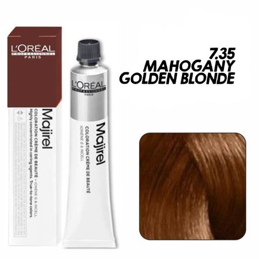 L'Oreal Majirel hair color with packaging and color swatch on a white background