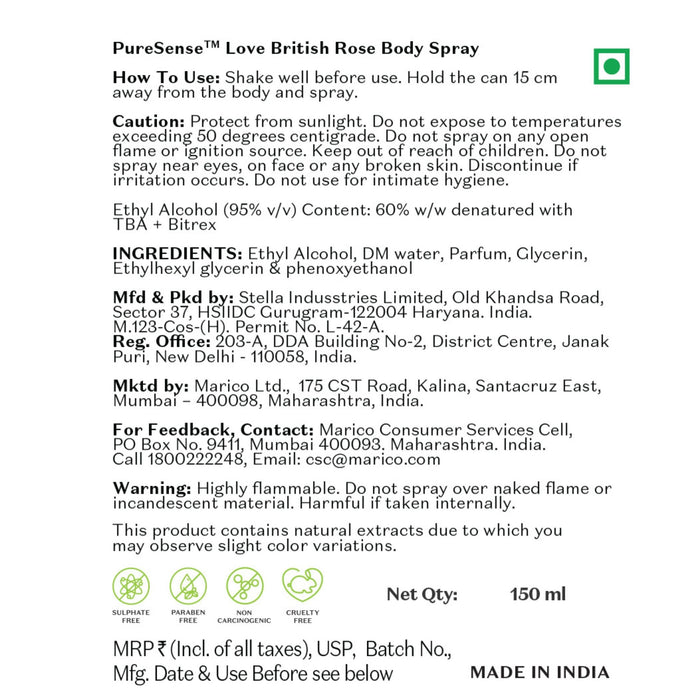 PURE SENSE BRITISH ROSE BODY SPRAY 150ML