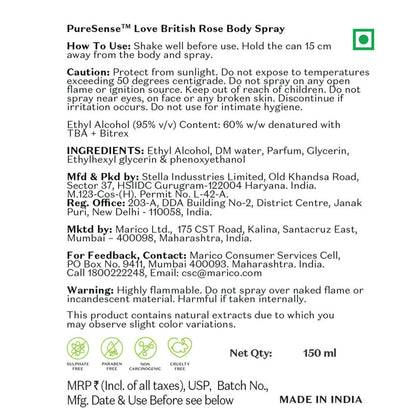 PURE SENSE BRITISH ROSE BODY SPRAY 150ML