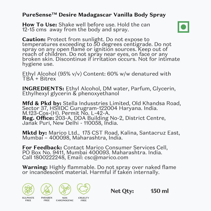 PURE SENSE VANILLA BODY SPRAY 150ML