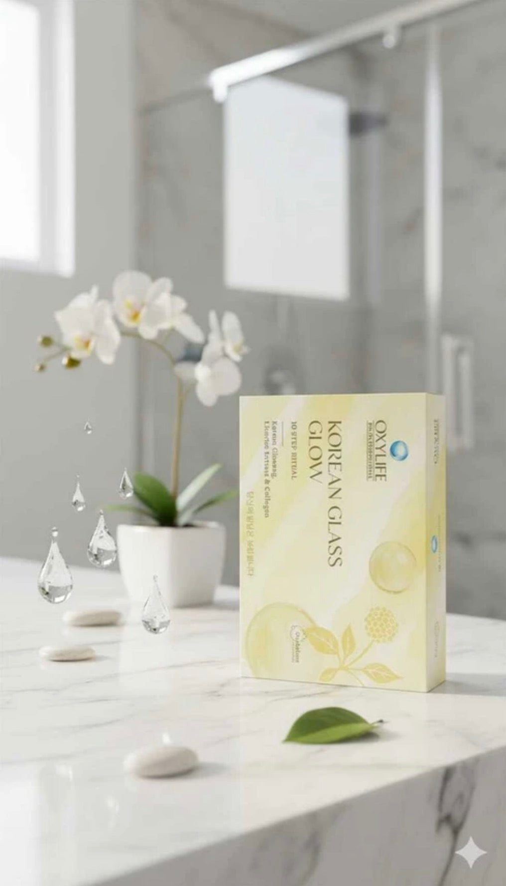 Oxylife Korean Facial Kit skincare product box on a marble surface with decorative elements