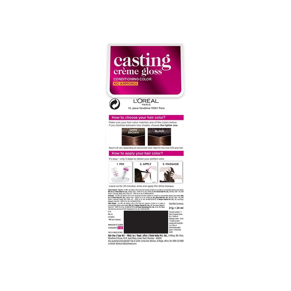 LOREAL CASTING CREME GLOSS CONDITIONING COLOR NO AMMONIA 500 MEDIUM BROWN 21G+24ML