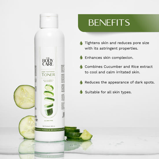 बॉडी केयर पोर्स टाइटनिंग टोनर विद ककम्बर एंड राइस एक्सट्रैक्ट्स 300ML