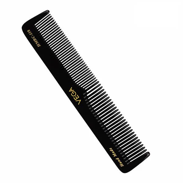 Black comb with gold logo on a white background