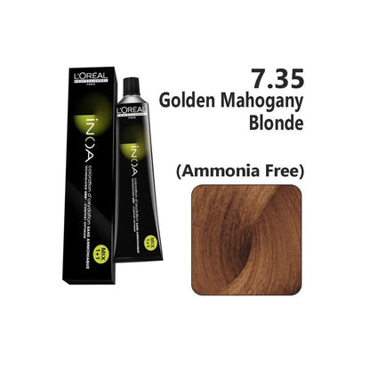L'Oreal Inoa hair color packaging with a color swatch for 7.35 Golden Mahogany Blonde on a white background.