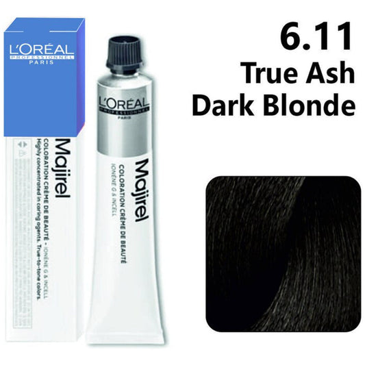 L'Oreal Majirel hair color with packaging and color swatch on a white background