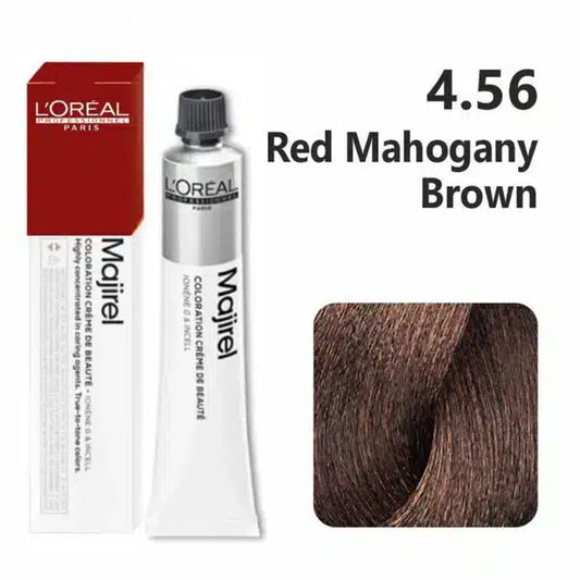 L'Oreal Majirel hair color with packaging and color swatch on a white background