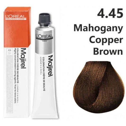 L'Oreal Majirel hair color tube with packaging and a swatch of Mahogany Copper Brown on a white background.