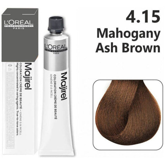 L'Oreal Majirel hair color tube with packaging and color swatch labeled 4.15 Mahogany Ash Brown.