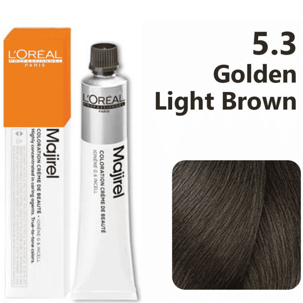 L'Oreal Majirel hair color tube with packaging and color swatch on a white background