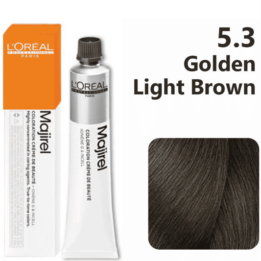 L'Oreal Majirel hair color tube with packaging and color swatch on a white background