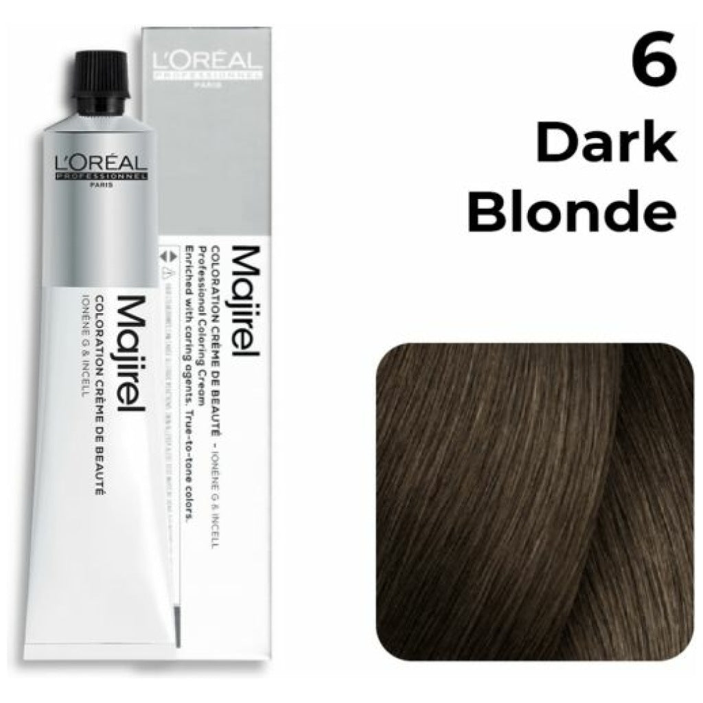 L'Oreal Majirel hair color tube and packaging with dark blonde swatch on a white background