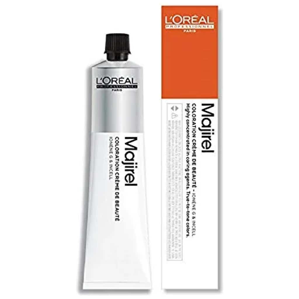L'Oreal Majirel hair color tube and packaging on a white background