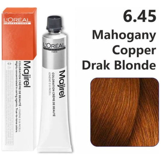 L'Oreal Majirel hair color tube with packaging and color swatch labeled 6.45 Mahogany Copper Dark Blonde.