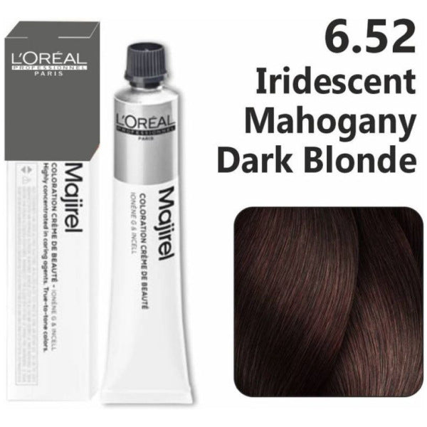 L'Oreal Majirel hair color tube with packaging and color swatch on a white background