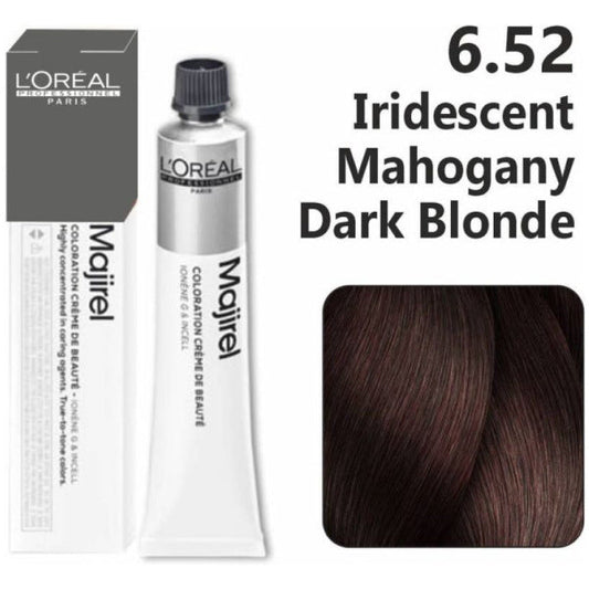 L'Oreal Majirel hair color tube with packaging and color swatch on a white background