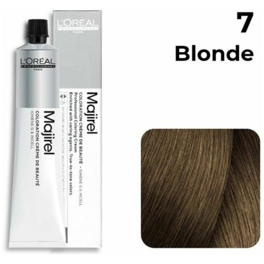 L'Oreal Majirel hair color with blonde shade 7 on a white background