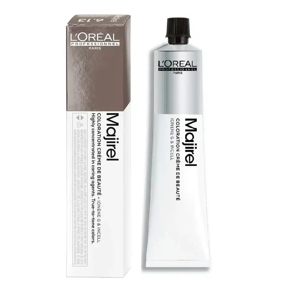 L'Oreal Majirel hair color tube and packaging on a white background