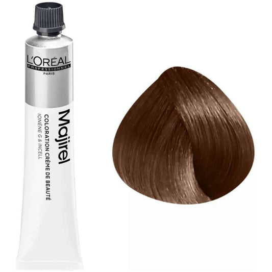 L'Oreal Majirel hair color tube with a brown sample on a white background