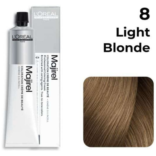 L'Oreal Majirel hair color with packaging and a sample of light blonde hair.