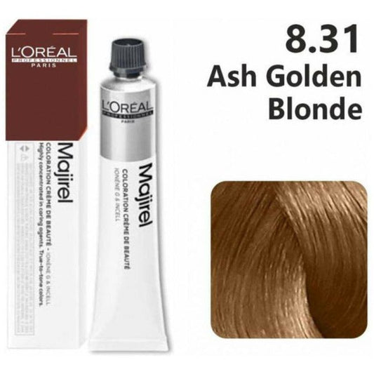 L'Oreal Majirel hair color tube with packaging and ash golden blonde swatch on a white background