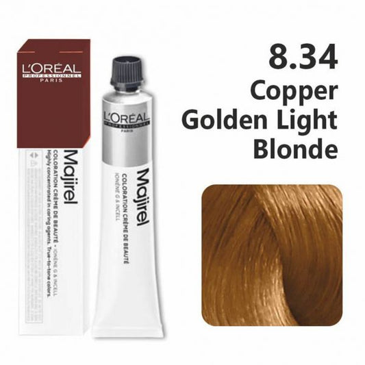 L'Oreal Majirel hair color with packaging and color swatch on a white background