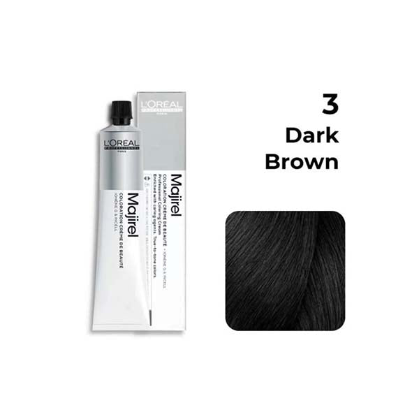 L'Oreal Majirel hair color tube and packaging with dark brown swatch on a white background