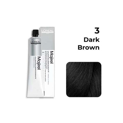 L'Oreal Majirel hair color tube and packaging with dark brown swatch on a white background