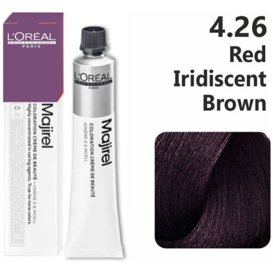 L'Oreal Majirel hair color tube with packaging and color swatch on a white background