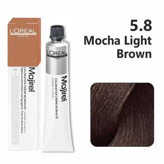 L'Oreal Majirel hair color with packaging and a swatch of Mocha Light Brown color on a white background.