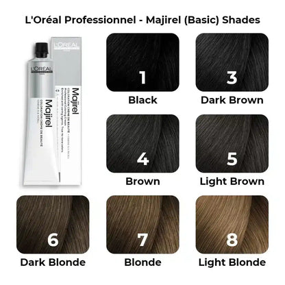 L'Oreal Professionnel Majirel hair color chart with shades and product packaging.