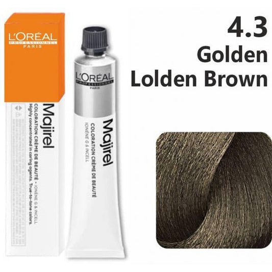 L'Oreal Majirel hair color tube with packaging and a swatch of 4.3 Golden Lolden Brown hair color.